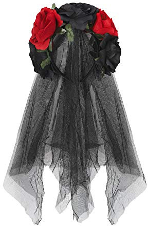RUIXIB Damen Tag der Toten Haarschmuck mit Rosen und Schleier Kopfschmuck Halloween Kostüm Accessoire Hochzeit Blumen Kranz Schwarz Brautschleier für Hochzeiten Festival Party