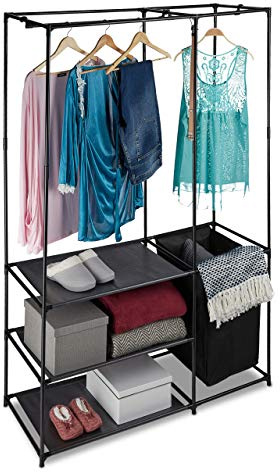 Relaxdays Armario Abierto Ropero, Perchero, Vestidor con Estantes y Cesto Ropa Sucia, Metal, 180 x 115 x 50 cm, Negro