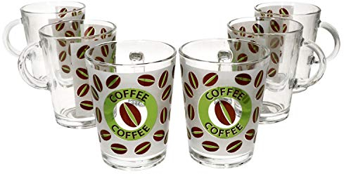 Cremona Lot de 6 tasses à café en verre avec anse I Vert I 320 ml I Aspect verre dépoli avec grains de café et inscription I Alternative pour café au lait, cappuccino, cacao & Co