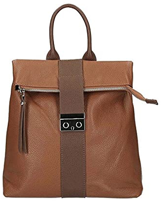 Made in Italy XL Damen Leder Roll Top Rucksack Cityrucksack Shopper Handtasche Schultertasche Ledertasche Freizeitrucksack Tasche Cognac-Braun