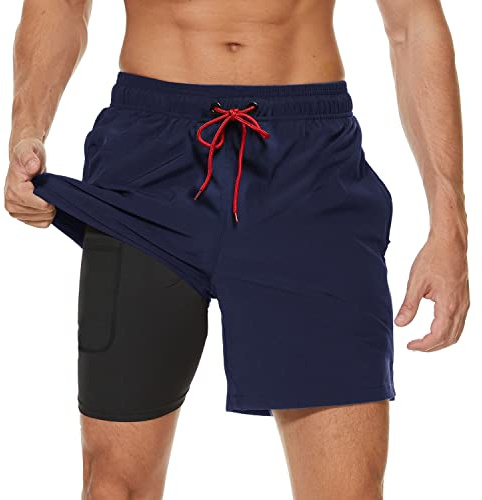 Arcweg Vattentäta badshorts för män, snabbtorkande 2 i 1-badplagg med kompressionsfoder för män, marinblå, XL