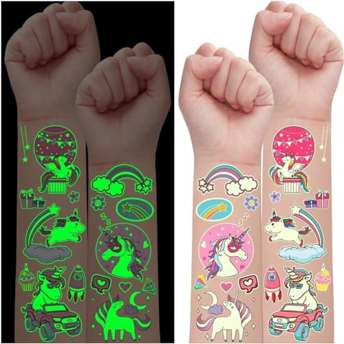 Leesgel 30 Blätter Einhorn Tattoos Mädchen, Leucht KinderTattoos Einhorn Geschenke Einschulung für Mädchen, Mitgebsel Geburtstagsdeko Kindergeburtstag Gastgeschenke Party Deko Giveaway