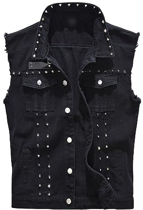 LApooh Gilet Di Jeans Da Uomo,Gilet Di Jeans Da Uomo Con Bave Con Borchie Slim Fit Risvolto Jeans Casual Vintage Gilet Biker Punk Gilet Cappotto Da Motociclista Giacca Senza Maniche Gil
