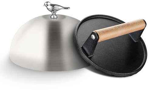 PURPLEBIRD Burgerglocke & Burger Smasher Set, Edelstahl Burgerglocke (Ø 20cm) mit Schwerlast Gusseisen Burgerpresse (Ø 17.7cm) Griddle Zubehör Set für Gasgrills, Teppanyaki, Feuerplatte