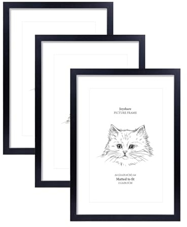 Joyshare DIN-A4-Bilderrahmen Schwarz 3er-Set 21×29,7 cm mit Passepartout | MDF-Holzrahmen mit hochklarem Acrylglas, moderner Wechselrahmen für Fotos, Bilder und Kunstwerke