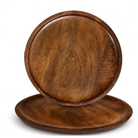 CLEENTABLE 2-Pack Wooden Dinner Plates, 12in Round Charger, Walnut | Solid wood, natural grain, smooth polished finish, handcrafted, set of 2, farmhouse & wedding decor