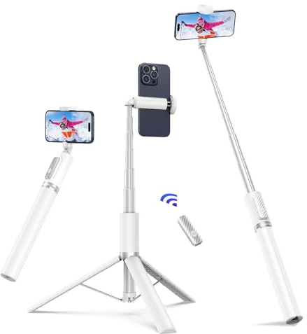 ATUMTEK 172CM Selfie-Stick Stativ Ausziehbares All-in-One-Handystativ aus Aluminium mit Bluetooth Fernbedienung um 360° Drehbar für iPhone 15 Pro Max/15/14/13/12/XS Max/X Samsung Smartphones,Weiß