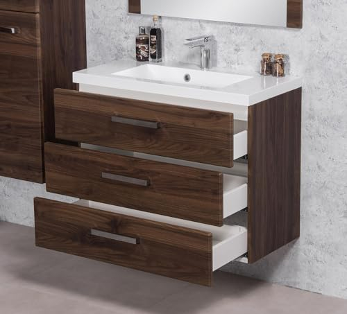 Quentis Badmöbelset Genua 80, Waschbecken mit vormontiertem Waschbeckenunterbau, 3 Softclose Schubladen, Holzdekor Nussbaum