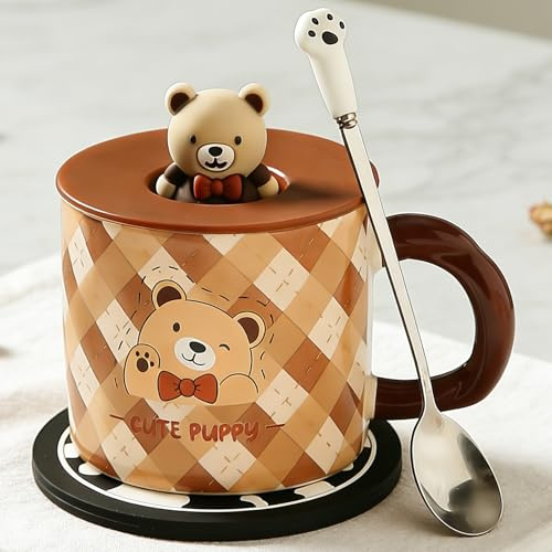Disoza Bär Tasse mit Deckel - 420ml Kaffee & Tee Becher mit Löffel & Untersetzer - Geschenk für Frau, Freund, Bruder oder Schwester