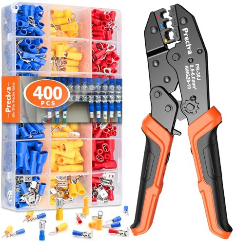 Insulated Wire Terminal Crimping Tool Kit, Preciva Black 0.5-6mm² Ratchet Crimp Plier, Electrician Cable Lug Pliers Set with 400pcs Insulated Butt Bullet Spade Ring Crimper Connectors