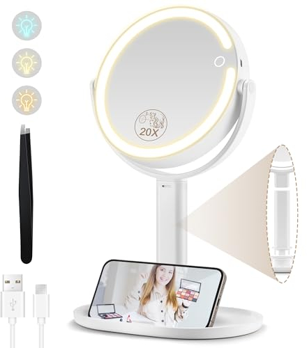 MOMOKUBA Kosmetikspiegel mit Beleuchtung, Vergrößerungsspiegel mit Licht 20fach, Kosmetikspiegel mit Vergrößerung 8, Doppelseitig 3 Farben 64 Led, Schminkspiegel mit Beleuchtung Rund 360° Drehbar