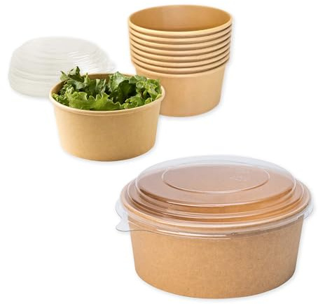 ECOPICNIC Ensaladeras Redondas de Papel Kraft con Tapa PP 300 Unidades 1000 ml | Cuencos Desechables de cartón Kraft con Tapa, Ideales para ensaladas, sopas, Aperitivos y Alimentos para Llevar