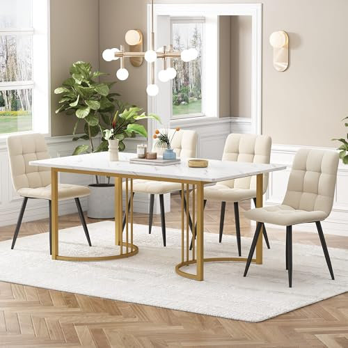YCYDHDM Esstisch mit 4 Stühlen, Küchentisch Set mit Golden Metallbeinen für 4 Personen, Essgruppe mit Essstuhl aus Samt, Esstisch Set für Küche Esszimmer und Wohnzimmer, MDF Tischplatte, Beige