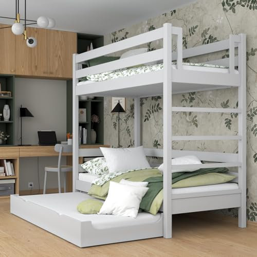 N-wood N03 Etagenbett mit Schublade 100x200 cm, Hochbett Holz mit Doppelbettfunktion, 2 Leitermontageseiten, sichere abgerundete Kanten, Hochwertige und umweltfreundliche Lacke, Grau