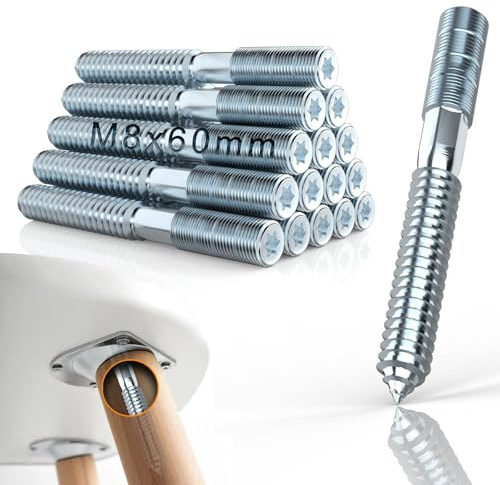Mbsomnus 15 stycken Torx stickskruvar M8 x 60 mm skruvskruv M8 galvaniserat rostfritt stål dubbelsidiga pluggskruvar hängare skruvar Torx T25 stjärnspår dubbla gängade skruvar för träled möbelben