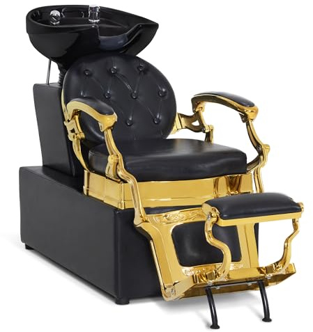 Barberpub Friseurstuhl mit Waschbecken, Drehbare Fustütze, Friseurwaschbecken aus Keramik Verstellbar Friseurwaschsessel für SPA Salon, Friseur Waschplatz Retro 8653 (Gold-Schwarz/Kunstleder)
