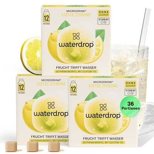 waterdrop® Tè Freddo Zero, LIMONE, 36 cubetti per acqua Microdrink, insaporitore acqua, Tisane a freddo senza zucchero Con Vitamina C & B3, Bevanda Analcolica, The Verde, Ice Tea
