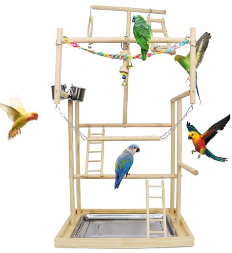 TOOSOAR Vogelspielplatz aus Holz,mit Edelstahl-Futterbechern,Bunte Kunststoffkette für Haustiere,für Papageien und andere Vögel