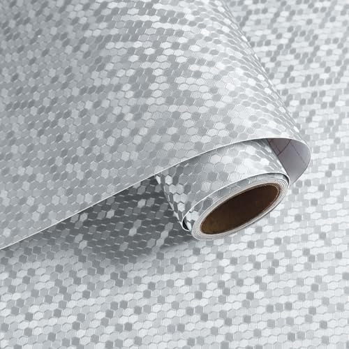 VaryPaper Carta da Parati Effetto Metallico Spessa Argentata Esagonale 40cmx200cm Carta Parati Adesiva Muro Adesivi Decorativi per Mobili Pellicola Top Cucina Adesiva Lavabile Armadio Frigorifero