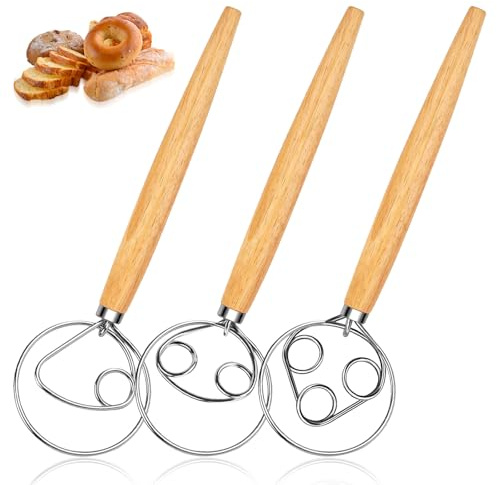 Lot de 3 fouets danois - Fouet à pâte danois de 33 cm avec manche en bois - Fouet à pâte danoise - Mélangeur à pâte - Accessoire de cuisson pour pâtisserie, pain, levain, pâtisseries, set B
