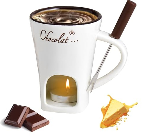 MEETOZ Porcelain Chocolate Fondue Mug with Forks, Chocolate Fondue Cup, Ceramic Butter Warmer Set,Chocolate Melting Mug for Date Night Birthday Wedding Gifts (White)