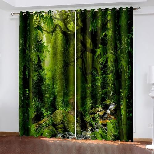 Epinki 2er Set Vorhang Blickdicht, 274 x 132 cm (HxB) Verdunkelungsvorhänge Uv mit Dschungel Muster, Thermovorhänge Kälteschutz Schallschutz Grün