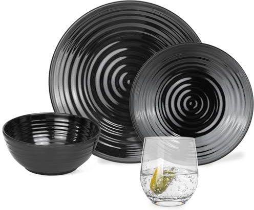 Set di stoviglie da campeggio in melamina, per 4 persone, colore nero scuro + 4 bicchieri Timo
