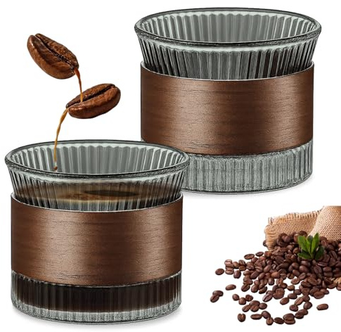 Espressotassen Set Glas 150 ml – 2er Cappuccino Tassen mit Holzmanschette aus Walnussholz, Gläser für Espresso, Tee, Mokka & Latte, Kaffeebecher Ohne Henkel für Kaffeeliebhaber (Rauchgrau)