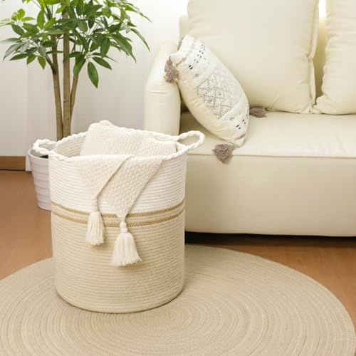 danpinera Cesto per la biancheria – Cesto grande in corda di cotone intrecciata da 62L con manici, contenitore morbido e pieghevole per vestiti, coperte, elegante organizer per soggiorno Bianco+chiaro