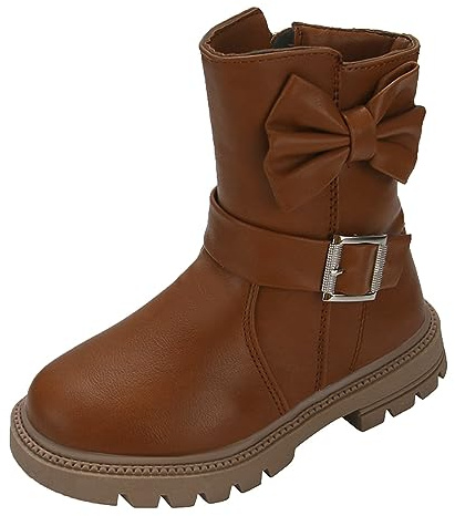 Generisch Kinderschuhe mit dicken Absätzen weichen Sohlen, mittellange Stiefel für große Kinder, Schleife, Lederstiefel, mittellange warme Stiefel Kinderstiefel Winter (Brown, 35 Big Kids)