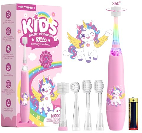 Spazzolino elettrico per bambini di età 1-2-3 anni, spazzolino sonico per bambini con 4 modalità e luce LED per una pulizia divertente, pulizia a 360 gradi IPX7 impermeabile, timer intelligente e 4
