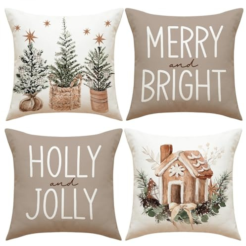 BEIUEN Weihnachtskissen 4er Set 45x45 Plüsch Kissenbezug Weihnachten mit Reißverschluss Winterdeko Sofa Couch Bett Geschenk für Familie & Freunde – Nordisches Design