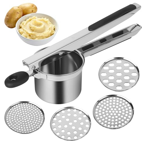 ACOMTUO Schiacciapatate con 4 Setacci intercambiabili,Schiacciapatate Acciaio Inox,Pressa per Patate,Acciaio Inox per Purè di Patate, Frutta, Verdure, Bébé, Limone