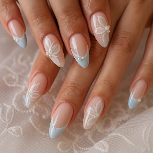 24PCS Blue White French Lace Almond Nails with 3D Pearl Flowers - Short Press On Artificial Nails Set, ABS Material and Jelly Adhesive Tabs for Women, Sophisticated Summer Elegant Design