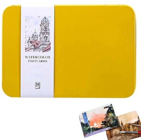24 Blatt Aquarell-Postkarten, blanko, 10 x 15 cm, Baumwoll-Aquarellkarten in Dose, 300 g/m², zum Malen, für Grußkarten und DIY-Kunstprojekte, hellgelb