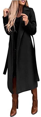Generisch Wintermantel Damen Lang Mantel Warm Elegant Damen-Mäntel Mit Gürtel Übergangsmantel Einfarbig Revers Wintercoat Jacke Ohne Kapuze Winterjacke Winddicht Wollmantel Reverskragen Langer Winter