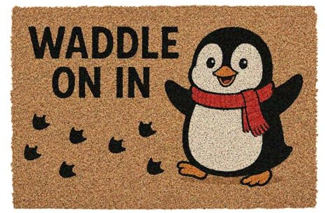 CKB LTD Zerbino a tema pinguino con scritta Waddle on, zerbino con scherzo unico, zerbino anteriore e posteriore, realizzato con retro in PVC antiscivolo, fibra di cocco naturale, dimensioni per