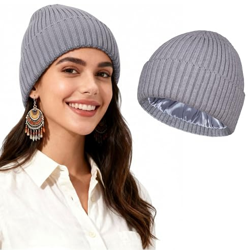 TSKNOMO Satinhausgefütterte Mütze für Damen & Herren – Weiche, Locker Gestrickte Wintermütze, Warme Wollmütze mit Umschlag, Unisex Beanie