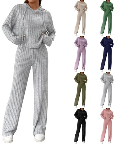 Ribbed Lounge Wear Co Ord Sets for Women - UK 2 Pieces Tracksuit Full Set Ladies Pjs Loungewear Sleepwear Homewear Grey M