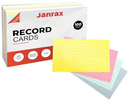 Pack of 100 Assorted Colour Ruled 5x3 Record Cards – Lined Study Index Cards for Notes, Revision