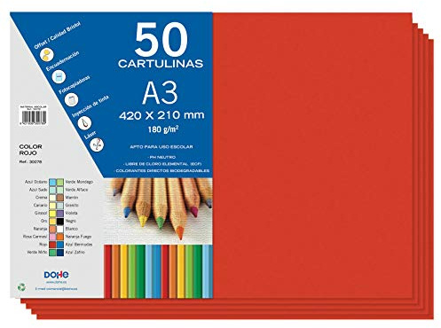 Dohe A3-Karton, rot, für Bastelarbeiten und Druck (50 Stück) – 21 x 29,7 cm – 180 g/m² – Büromaterial