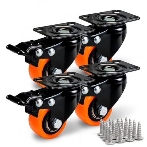 PRIOstahl Möbelrollen Bremsrollen Schwerlastrollen Transportrollen Orangene Premium Rollen - 4 x Lenkrollen mit Bremse 40 mm + Befestigungsschrauben und Bit für Möbel Schränke Spurlos & Leise