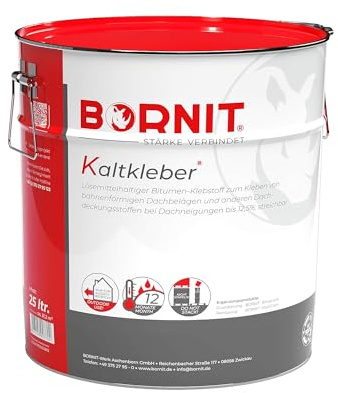 BORNIT Kaltkleber Bitumen Kleber Dachbeläge [bis 12,5% Neigung] 25L | Klebstoff Bitumen Lösemittel Gartenhaus Hasenstall Carport Garage Dach Folie Vordach Flachdach Garten Dachkleber Vogelhaus