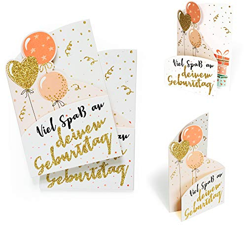 Diese-Klappkarten Karte Geburtstag (2 Stück) mit Luftballons | Geburtstagskarte Viel Spaß...| Als Glückwunschkarte oder Gutschein, zum Aufstellen, mit Gold Glitzer und 3D Effekt, X035