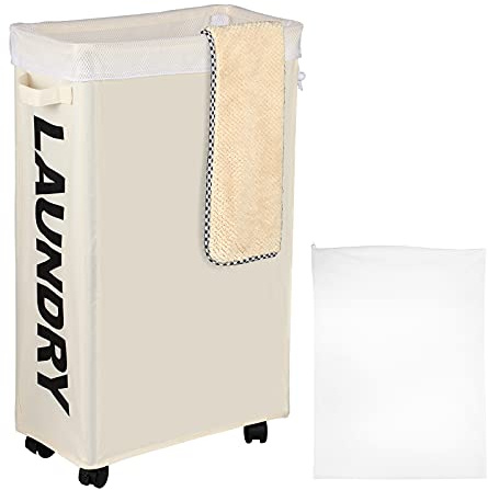 IHOMAGIC 62L Schmale Wäschesack mit Rollen - Hoher Wäschekorb mit Abnehmbaren Wäschesäcken, Großen Faltbare Wäschekörbe mit Griff, Tragbare Aufbewahrungskorb für Schlafzimmer, Wohnzimmer (Beige)
