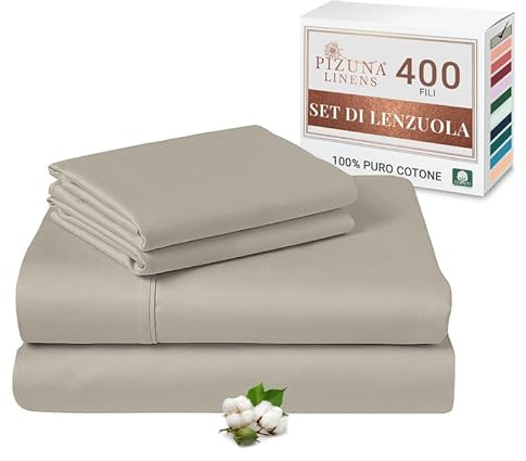 Pizuna Set lenzuola letto matrimoniale Cotone 140x200 cm Tortora 400 fili | Set lenzuola Matrimoniale 100% cotone a fiocco lungo, 140x200 cm, colore Gris Pardo, 400 fili - angoli, sopra, 2 federe