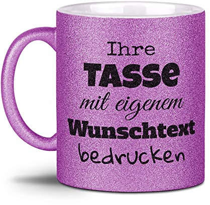 Tassendruck Glitzertasse selbst gestalten - mit Text personalisieren - Geschenk für Familie, Freunde, Frauen, Glitter - Hochwertige Keramik Lila - Links & Rechts vom Henkel bedruckt
