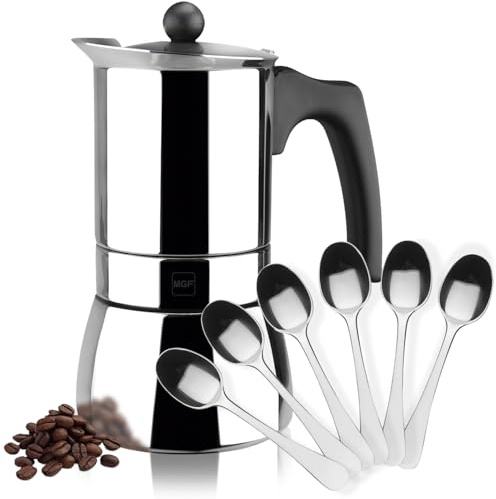 MAGEFESA Genova - Pack Exclusivo Cafetera Italiana Plateada 10 Tazas + 6 Cucharillas Moka, 500ml, Acero Inoxidable, Todo Tipo de Cocinas, Inducción