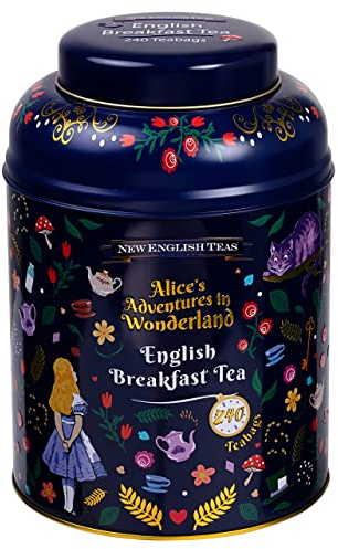New English Teas Midnight Alice in Wonderland Tea Caddy with 240 Breakfast Teabags, Blue