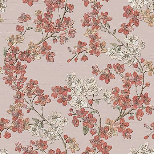 Design id Lilac Grey Cherry Blossom Floral Print Red Petals Vinyl Wallpaper
